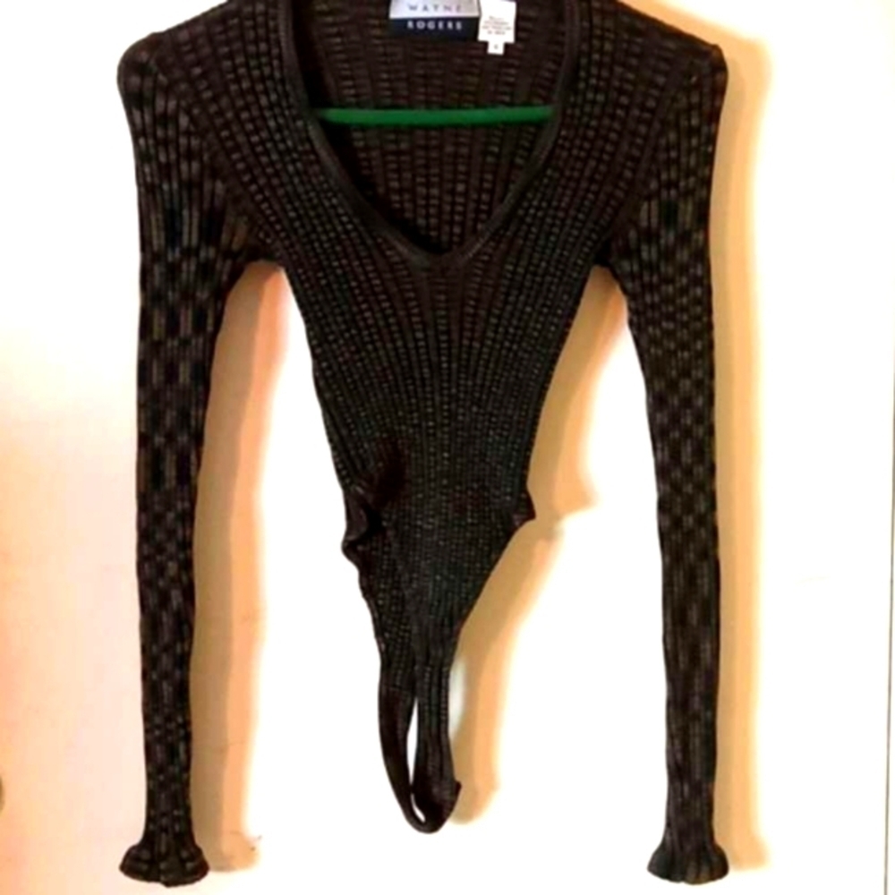 VINTAGE WAYNE ROGERS WOMEN'S SILK RIBBED BLACK/BROWN BODYSUIT SMALL STUNNING 🔥